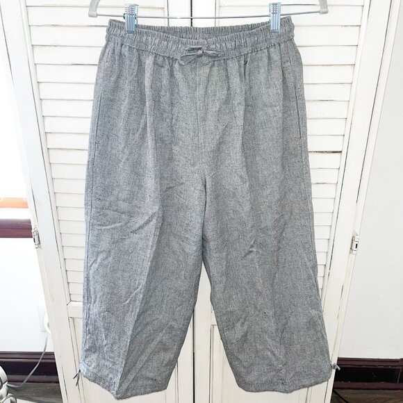 Ganesh Women Linen Pant Wide-leg Elastic Waist Pockets Grey Tie Cuff Nepal - Picture 1 of 6
